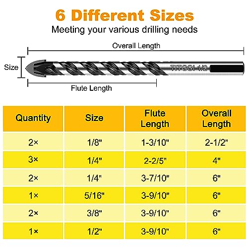 11-Piece Extended Masonry & Concrete Drill Bit Set, Carbide Tips, 1/8"-1/2" - size: 11 pcs 1/8"-1/2" Masonry Drill Bits Set