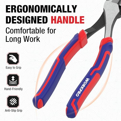 WORKPRO 8 Inch High Leverage Diagonal Pliers, Cr-V Steel & Anti-Slip Handle | Heavy Duty Wire Cutters, Diagonal Cutters, for Cutting Copper, Brass, Iron, Aluminum & Steel Wires