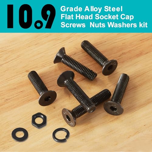 200 PCS M5 x 30mm 35mm 40mm 45mm 50mm, Flat Head Hex Socket Cap Screws Countersunk Bolts Washers Nuts Assortment Kit, 10.9 Grade Alloy Steel, Black Oxide Finish, Metric Allen Drive - size: M5x30/35/40/45/50 mm