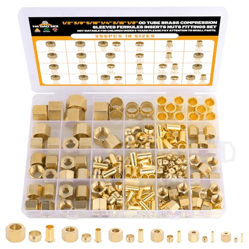 255PCS Brass Compression Kit for 1/2" 3/8" 5/16" 1/4" 3/16" 1/8" - style: 255PCS