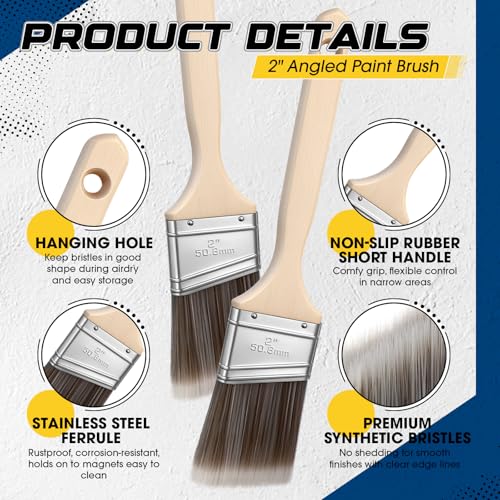 12 Pack Angle Sash Paint Brushes Treated Easy to Grip Wood Handle Synthetic Bristles Smooth Finishes Paint Brushes for Stain Wall Trim Painting Furniture(2 Inch) - size: 2 Inch