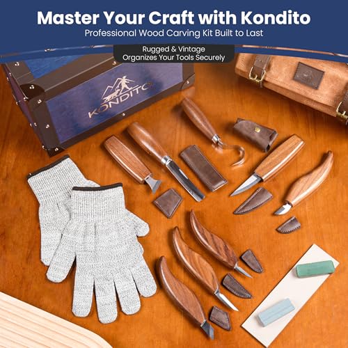 KONDITO Complete Wood Carving Kit – Premium Carving Knives Set with 7Cr17 Steel Blades, Safety Gloves, Honing Strop, Roll Bag & Gift Storage Case – Woodworking Tool Set for Adults & Beginners