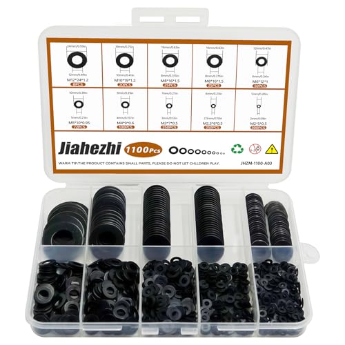 1100Pcs 9 Sizes Black Flat Washers for Screws & Bolts