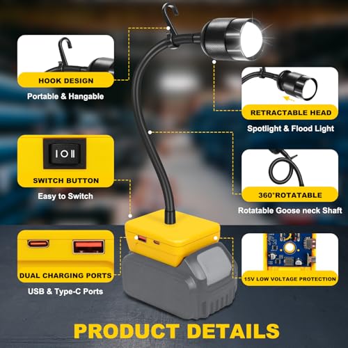 LED Rechargeable Work Light Compatible with Dewalt 20V Battery - 30W 9000LM - color: Black