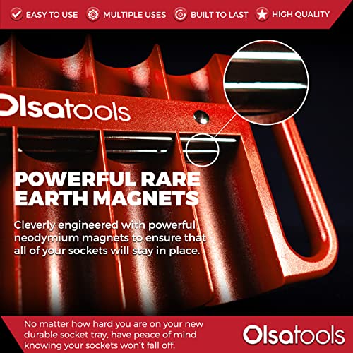 Olsa Tools Magnetic Portable Socket Organizer Tray - 1/2-Inch Drive - Red Holder for Deep & Shallow Sockets - Fits up to 1-3/16" SAE or 30mm Metric - Quality Product for Professionals - Part 1077 - color: Red, size: 1/2-Inch Drive