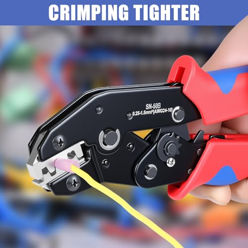 6PCS Crimping Tool Set - Amliber Ratcheting Wire Crimper for Heat Shrink/Insulated Nylon, Non-Insulated, Dupont, Open Barrel Terminals, Wire Ferrules, Solar Connectors, Case Included