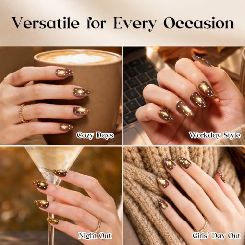 Beetles Brown Cat Eye Press On Nails Short Almond, 32PCS, Polka Dot Design - color: 2A - Maple Taffy - S