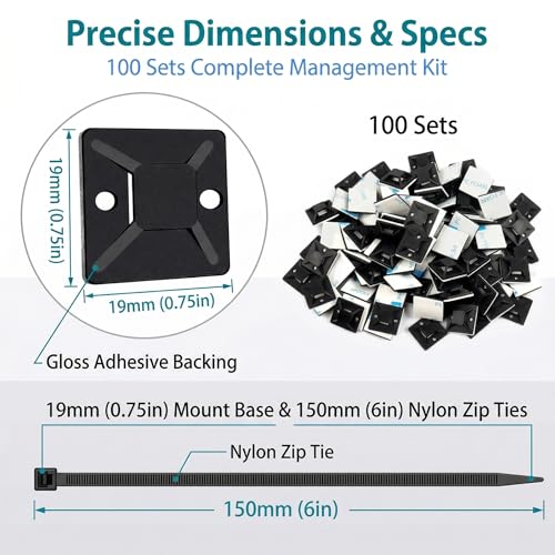 Zip Tie Mounts - SeuYeugX 100PCS Cable Self Adhesive Mounts Set for Wire Management with Stick Pads Anchors Clips Squares Holders (Black) - color: Black