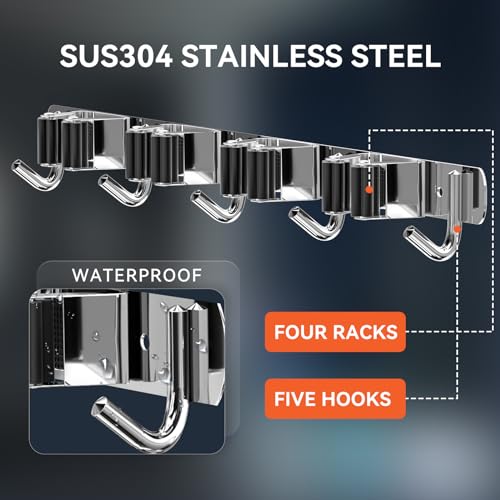 ZONGOOL 2 Pack Mop Broom Holder Wall Mount 4 Racks 5 Hooks Storage Silver - color: Silver, size: 2Pack 4R5H