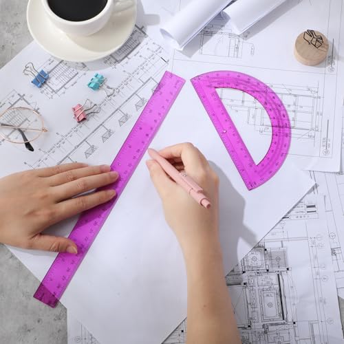 Zonon 2 Pcs 12 Inch Clear Ruler and 6 Inch Plastic Protractor Set, Purple - color: Purple