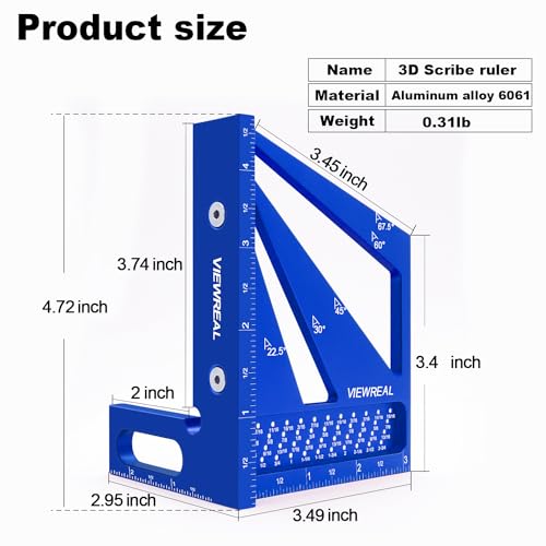 3D Multi Angle Measuring Ruler Aluminum Alloy Woodworking Square,Versatile Square Tool with Preset Angles from 22.5° to 90° Ideal Layout Tool for Carpentry, Engineering & DIY Projects - color: Blue
