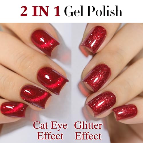 Double Rhythm Jelly Glass Cat Eye Gel Polish with Magnet 15ML Holographic Glitter Shimmer Translucent Sheer Color Magnetic Nail Polish Salon DIY at Home (Blood Red-MC1107) - color: Jelly Blood Red