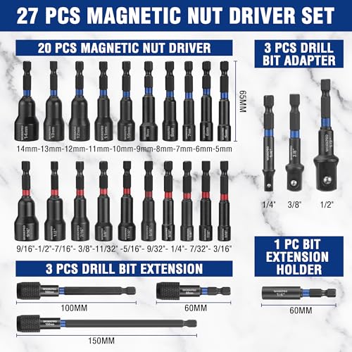 WORKPRO 27 PCS Magnetic Nut Driver Set with Quick-Release Extensions - size: 27PCS Magnetic Nut Driver Set