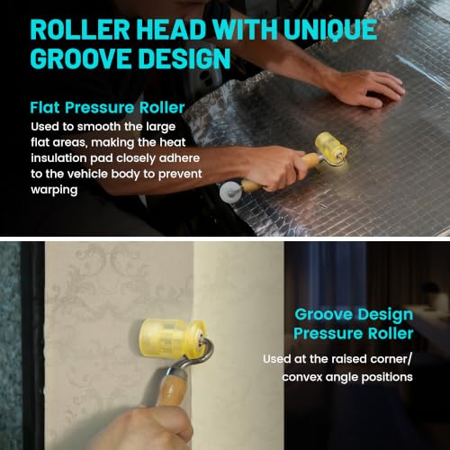 NuIth 3-in-1 Auto Car Audio Sound Deadening Rolling Wheel Roller, Groove Design PU Sound Deadening Mats Roller W/Bearings + V-Shape Roller Head, Heat Abatement Mat Wallpaper Deadener Seam Roller - style: 3 IN 1 Roller with Groove Design+V-Shape Roller