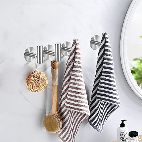 Vuzvuv Brushed Nickel Self Adhesive Stainless Steel Towel Hooks (4-Pack) | SUS304, Self-Adhesive, Heavy Duty, Waterproof, Coat Robe Hook for Bathroom, Kitchen, Hotel - color: Silver-4 Pcs