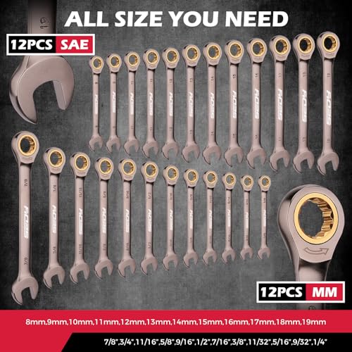 Premium 24-Piece Ratchet Wrenches Set with Magnetic Organizer, SAE 1/4"-7/8" & Metric 8mm-19mm, Cr-V Steel Ratcheting Wrench Set, Ratchet Combination Wrench Set for Automotive, Machine Repair - style: 24-Piece Ratchet (SAE & Metric)