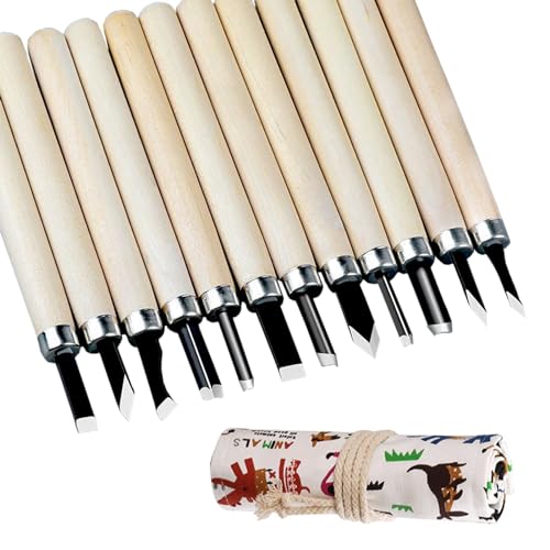 Wood Carving Tools Set, 12-Pcs Wood Whittling Kit with Canvas Roll Bag, Wood Carving Knife Kit for Beginners, Kids & Adults, DIY Craft Gift Set