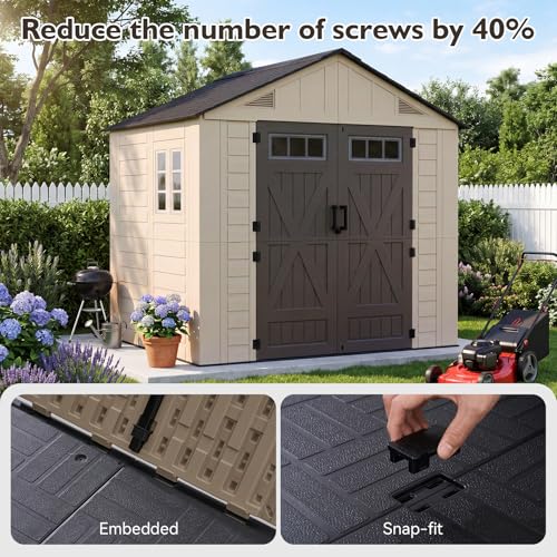 Aoxun 8x6 Ft Outdoor Storage Shed with Floor, Large Resin Outdoor Shed with Lockable Door & Windows, Garden HDPE Sheds for Lawn Tools, Pool Supplies & Bikes - size: 8x6