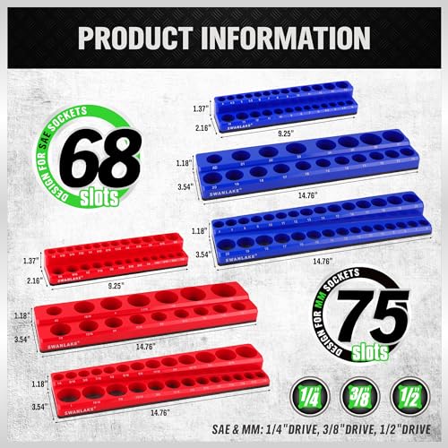 Magnetic Socket Organizer Set, 6PCS Socket Holder, 1/4", 3/8", 1/2" Sockets Holds 143 Pieces Magnetic Sockets Trays (Blue&red, 6 Pcs) - style: 6PCS Red/Blue