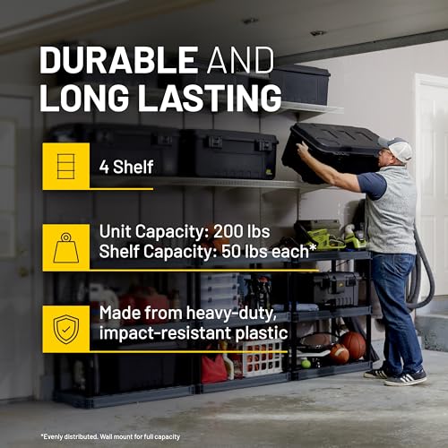 Plano 4-Shelf Plastic Storage Shelves, 48” x 23” x 14”, 200lb Capacity, Pantry, Office, Closet and Garage Shelves, Easy to Assemble, Durable Plastic Shelving Unit - size: 4-Shelf 200lb
