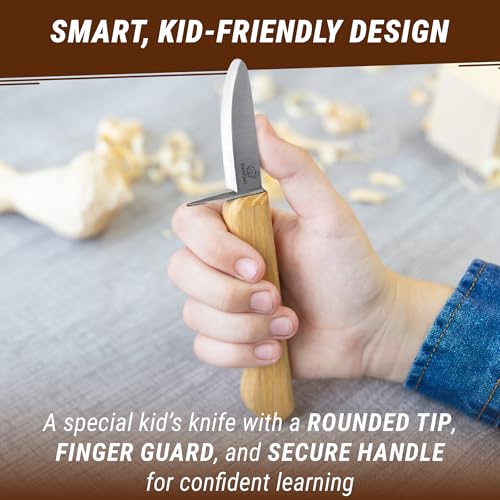 BeaverCraft Whittling Knife for Kids, Beginners - Safety Wood Carving Knife C1 Kid - Whittling Knives with Rounded Tip for Children, Entry-Level Carvers - Wood Carving Tools for Beginners, Boy Scout