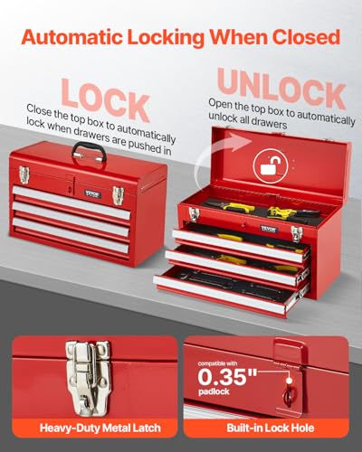 VEVOR Metal Tool Box, 20.5-inch, Portable Metal Tool Box with 3 Drawers, Small Tool Chest with EVA Liners, Ball Bearing Slide Drawers Locking & Powder Coated Finish, Multi-Function Tool Organizer, Red - size: 3 Drawers-Red
