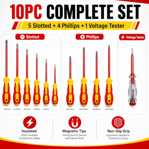 10-Piece 1000V Insulated Screwdriver Set, Magnetic Tip Electrician Screwdriver Set - style: Red yellow With Bag
