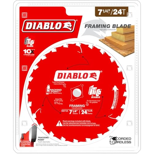 Diablo Framing Saw Blade for Wood - 7-1/4" Diameter, 24 ATB Teeth, 5/8" Arbor, .059" Kerf, 15° Hook Angle, .040" Plate, 8000 Max RPM - D0724X - size: 7-1/4" Dia x 24T x 5/8" Arbor, style: Framing