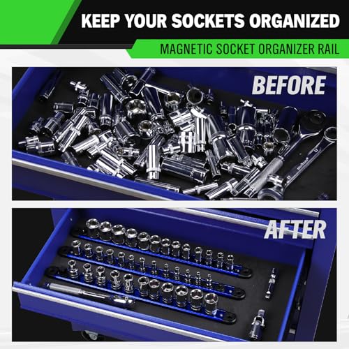 1/2-Inch Magnetic Socket Organizer Rail, Aluminum Alloy Socket Rail, Heavy Duty Sockets Holder with 12 Clips, 360° Swivel Clip Tool Tray, Sockets Organizer for Tool Box Drawer (Blue) - style: Blue 1/2-inch