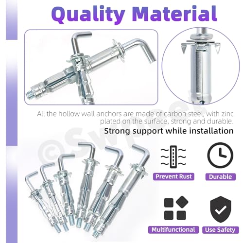 Swpeet 46Pcs M4x32mm M4x38mm M5x37mm M5x52mm M6x52mm M6x65mm L-Shape Heavy Duty Hollow Wall Anchor Set, Hollow Drive Wall Anchor Screws Assortment Kit for Drywall Hollow Wall Plaster Walls