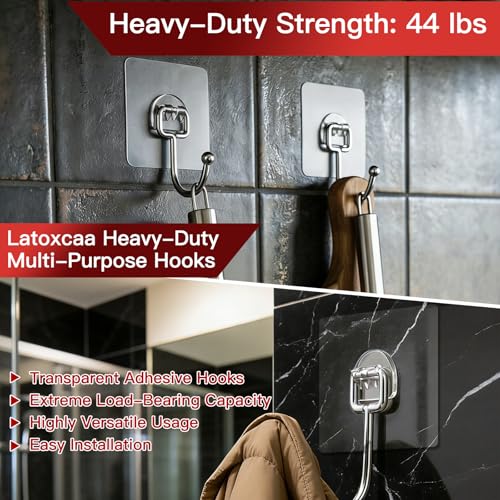 Latoxcaa Large Adhesive Hooks 30-Pack, Heavy Duty 44lb(Max) Wall Hooks for Bathroom, Outdoor, Strong Self-Adhesive Towel & Coat Hooks, Waterproof Transparent Utility Hooks for Home Improvement - size: 30-Large Hooks