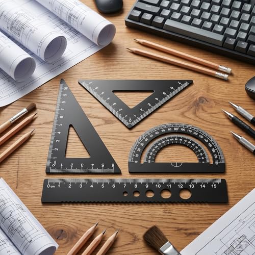 4 Pcs Metal Triangle Ruler Set, Geometry Set with Protractor and Straight Ruler, Metric 6 Inch Drawing Rulers with Storage Box Math Drafting Measuring Tool for Engineers Draftsmen Office Supplies Blac