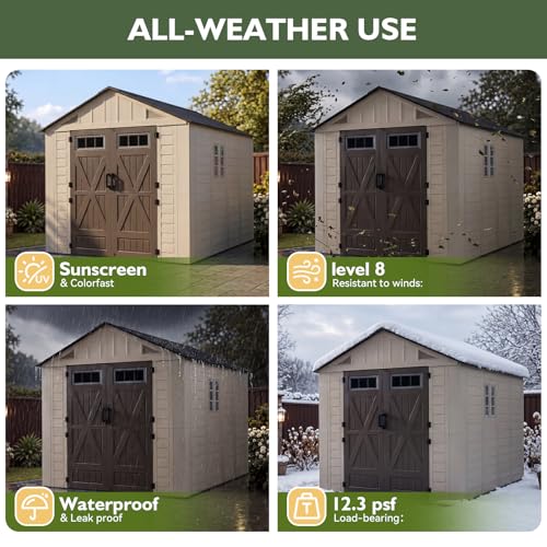 Aoxun 8x10 Ft Outdoor Storage Shed with Floor, Large Resin Outdoor Shed with Lockable Door & Windows, Garden HDPE Sheds for Lawn Tools, Pool Supplies & Bikes - size: 8x10