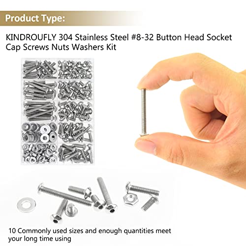 212 Pieces #8-32 x 1/4", 5/16", 3/8", 1/2", 5/8", 3/4", 1", 1-1/4", Button Head Socket Cap Screws Nuts Washers Assortment Kit, 304 Stainless Steel, Fully Machine Thread - size: #8-32, style: Button Head