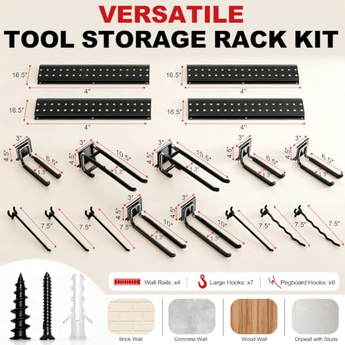 Garage Tool Organizer Wall Mount 66 inches with 13 Adjustable Heavy-Duty Hooks, Garage Organization, Garden Tool Storage Rack, Yard, and Shed, Holds Up to 520 lbs - size: 66" | 4 Panels + 13 Hooks