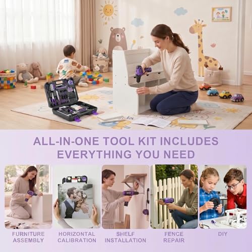 8V Purple Cordless Drill Set for Women, Starter Tool Kit with Drill | Electric Drill, USB Charger, 3/8" Keyless Chuck, 139-PIECE Tool Set with Drill for Home Repairs, DIY Project