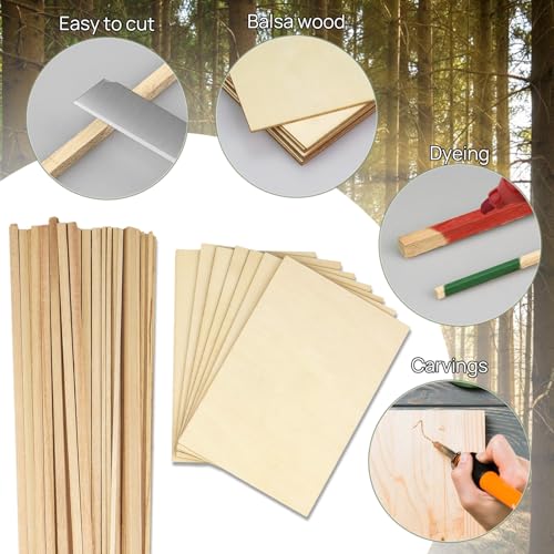 Unfinished Balsa Wood Sheets Sticks, Wood Dowel Rods Square Basswood Sheets, 50 Pcs Wooden Craft Making Supplies for Crafts DIY Projects Making