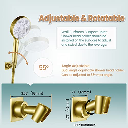 Shower Head Holder Handheld Shower Wand Holder Adjustable Shower Head Bracket Shower Wall Mount Holder, Brushed Brass/Gold Finish, Drill Free Glue Installation - color: Gold