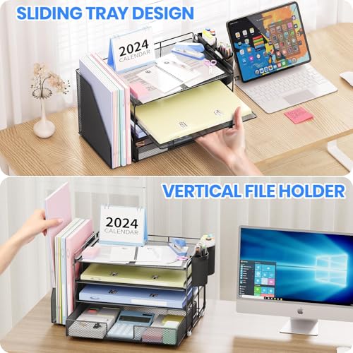 OPNICE Desk Organizer, 4-Tier Desktop File Organizer with Drawer and Pen Holders, Office Desk Accessories, File Sorters, Workspace Organizers for Office Supplies(Black 2-Pack) - color: Black 2-Pack, size: 4T