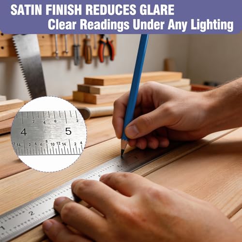 12 Inch Machinist Ruler Set - 2 Pack Stainless Steel Precision Double Sided Ruler with 1/64, 1/32, 1/16 & 1/8 Inch Graduations, Etched Markings - for Engineers,Woodworking and DIY (2, 12 Inch) - size: 12 Inch