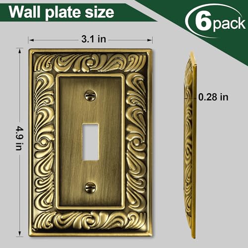 6 Pack Antique Brass Decorative Single Toggle Light Switch Cover Plate - size: 1 Gang Single Toggle