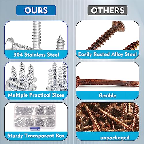 210Pcs Wood Screws #4 304 Stainless Steel M3 Phillips Flat Countersunk Head Self Tapping Screw Phillips Drive Wood Fastener Small Screws Sheet Metal Screw Assortment