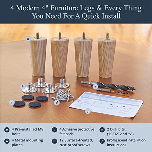 Airy Abode Premium Ash Wood Furniture Legs (Full Install Kit) - Pick Your Size and Color - color: Ash, size: 4 Inches