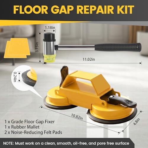 Floor Gap Fixer Tool Kit with Heavy Duty Rubber Mallet, Floor Dual Suction Cup Tool Upgrade 45° Striking Surface for Laminate, Hardwood, and Vinyl Floor (Yellow)
