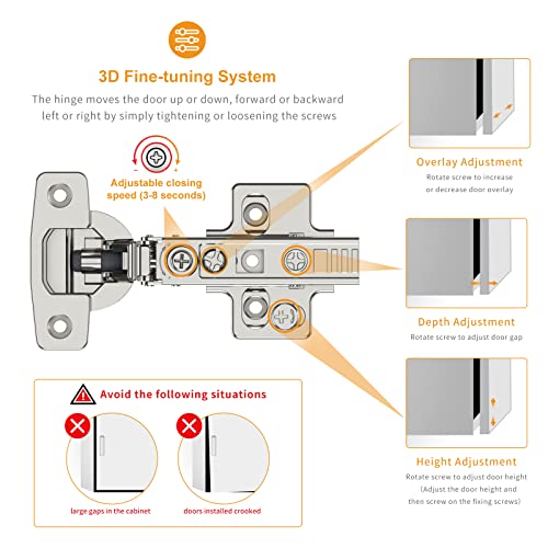 Chibery 10 Pack Frameless Full Overlay Soft Close Concealed European Hinges, Self Closing Satin Nickel, 105 ° Open Angle 4D Adjustment, Speed Control, Clip On, Stainless Steel for Cabinet Door - size: Full Overlay
