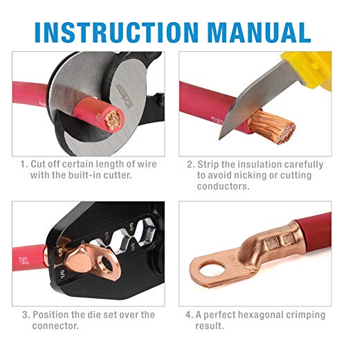 iCrimp Battery Cable Lug Terminal Crimping Tool, for 1/0, 2/0, 3/0, 4/0 Gauge, Battery Cable End, Heavy Duty Lug, Copper Wire Lug Crimper - size: AWG1/0-4/0