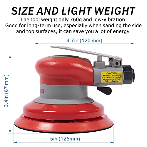 Pneumatic random orbital sander 5-inch light weight palm sander 3/16" (5 mm) diameter orbit 12000 RPM with extra 10pcs sandpaper - style: 5in Non-Vacuum