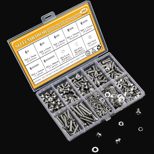 385 Pieces M4 Screws Nuts Washers Set, Sutemribor M4 x 5/6/8/10/12/16/20mm Button Head Socket Cap Screws Nuts Washers Assortment Kit, 304 Stainless Steel, Fully Threaded - size: M4, style: Button Head Socket Cap