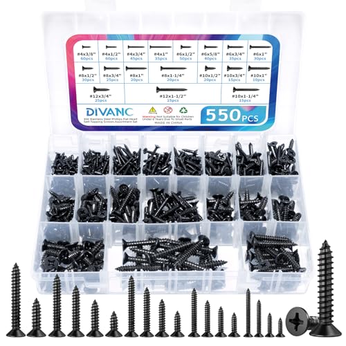 550Pcs 304 Stainless Steel Wood Screws Assortment Kit, Phillips Flat Head Sheet Metal Screws Self Tapping Screws Set, #4#6#8#10#12 Wood Assorted Screw (Black-Flat Head 550PCS) - style: Black-Flat Head 550PCS