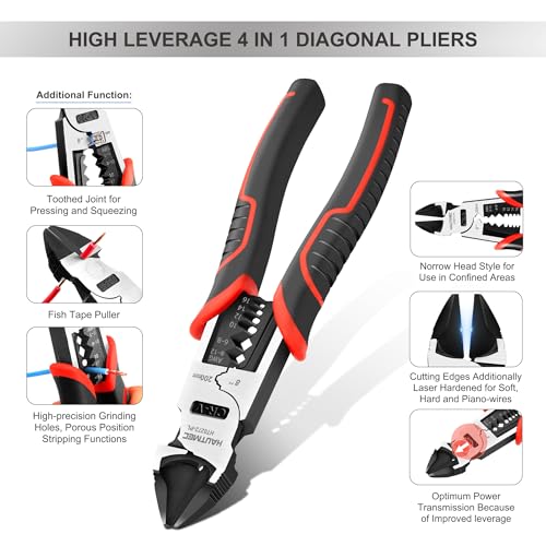HAUTMEC 8" Diagonal Cutting Pliers, 4 in 1 Multifunction Side Cutters Pliers with Pro-High Leverage, CRV Steel Heavy Duty Wire Diagonal Cutters for Electricians, Mechanics & DIY, HT0272-PL - color: 8" Diagonal Pliers